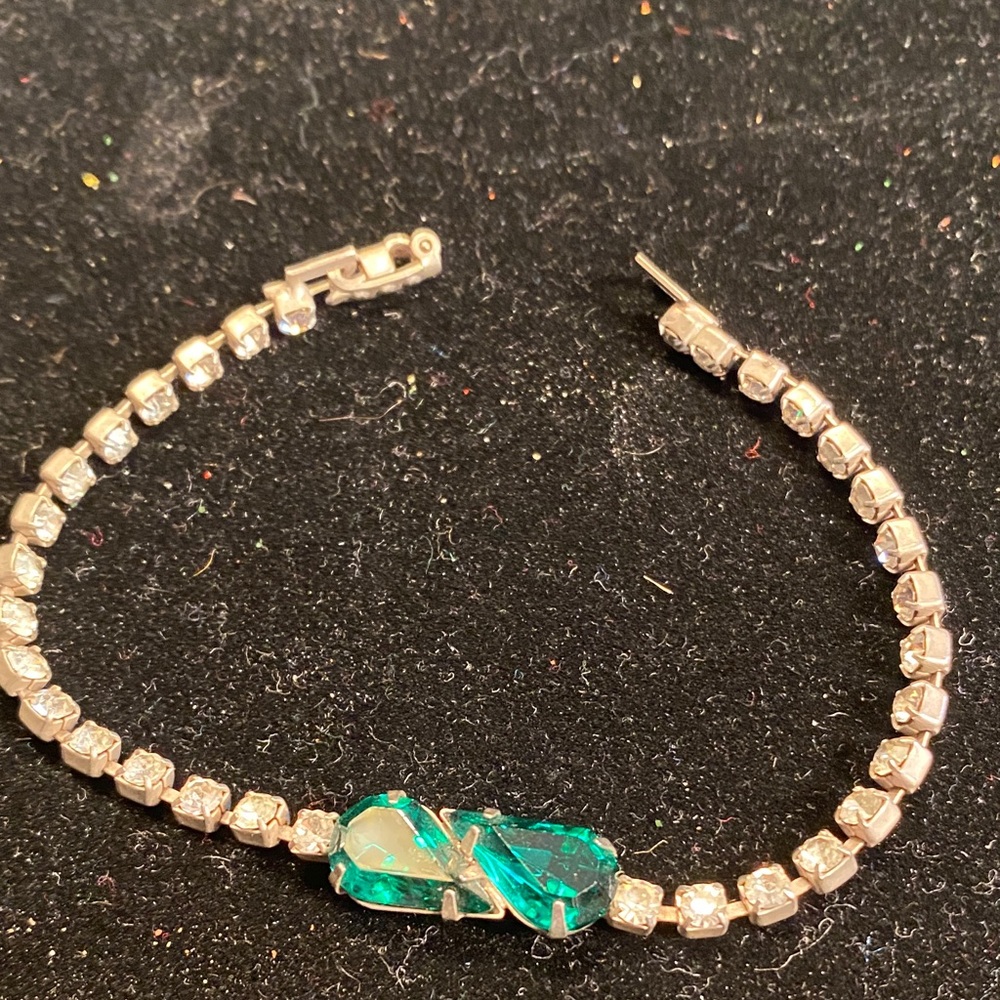 Silver- Tone Bracelet with Green Crystal Accent